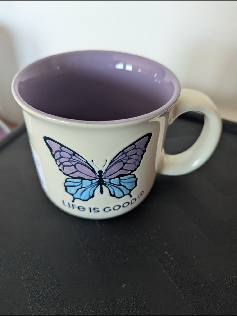 Life Is Good Cream Mug with Lilac Interior & Purple-Blue Butterfly